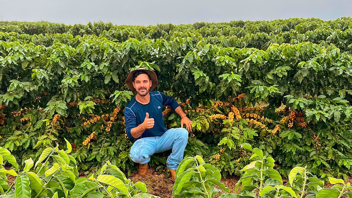 Koffieboer tussen de koffieplanten op Fazenda Rodomunho