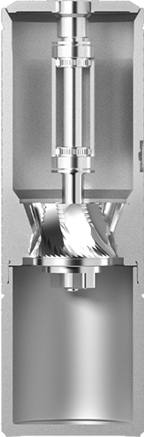 Doorsnede van de C5 Pro met de 42 mm conische burrs en de as