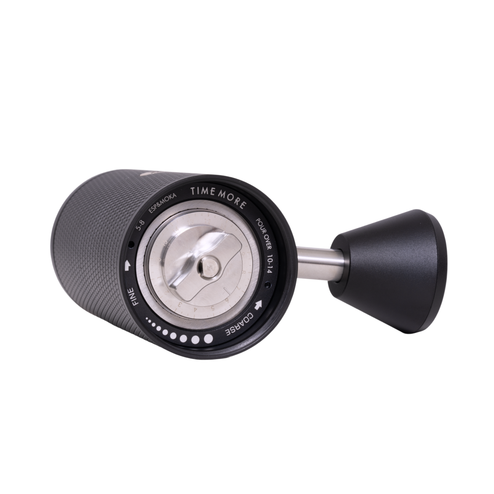 Onderkant van de C5 Pro zonder opvangbak: draairing met maalgids, 5–8 voor espresso en moka, 10–14 voor pour-over