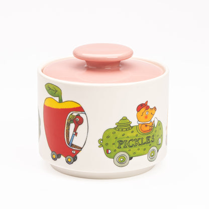 Stoneware snoeppot met deksel en voertuigen van Richard Scarry