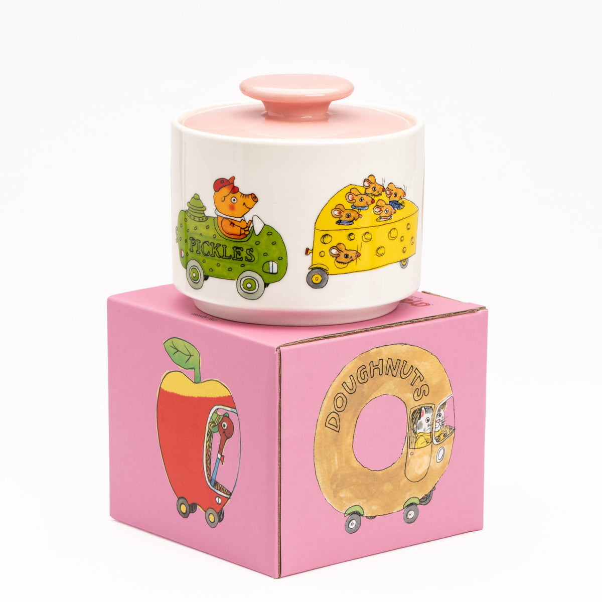 Snoeppot met deksel op de roze geschenkdoos