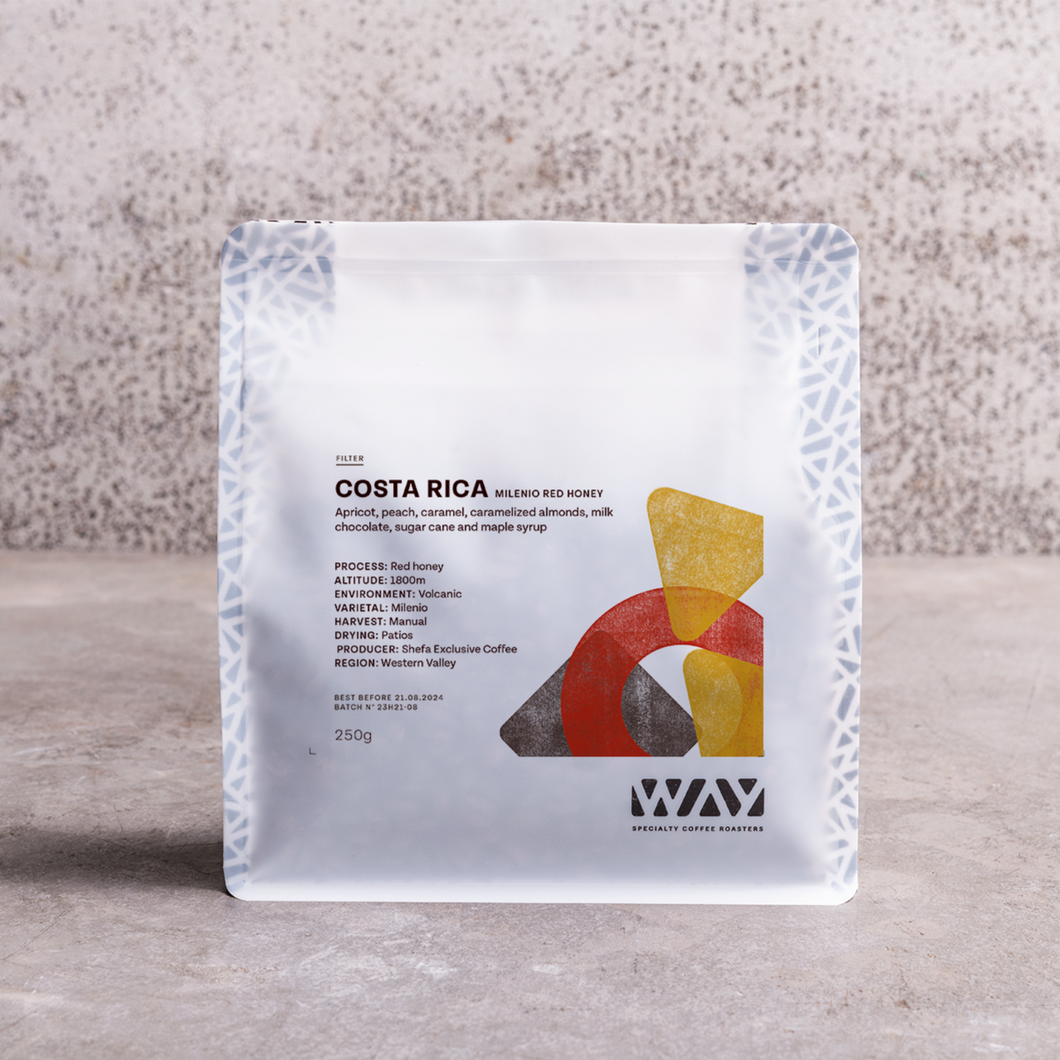 Costa Rica - Filter - Milenio Red Honey - Apricot, peach, caramel, caramelized almonds, milk chocolate, sugar cane and maple syrup