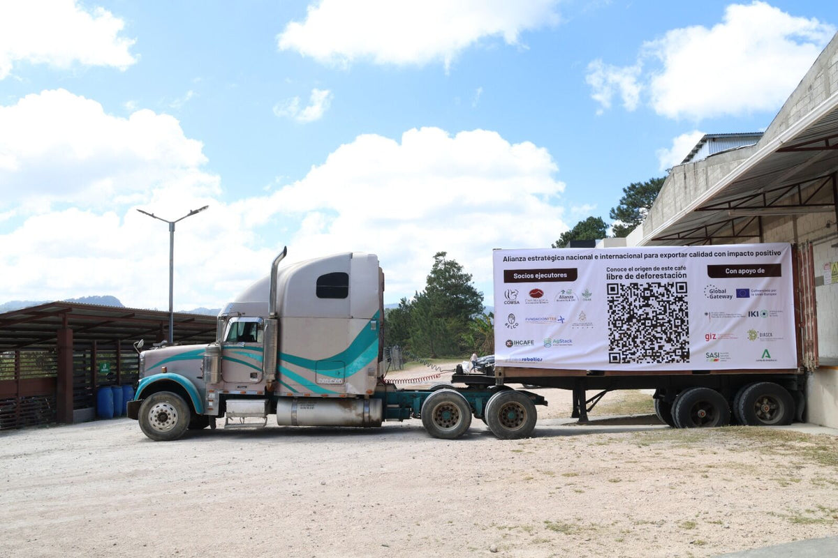 Transport van de koffie bij COMSA, Marcala, Honduras